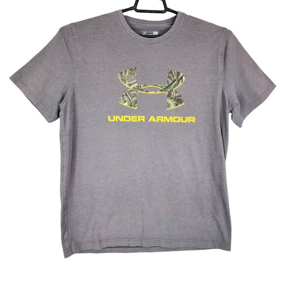 Mens Gray Under Armour HeatGear Loose Fit T Shirt Camouflage Logo Short Sleeve L - Picture 1 of 11